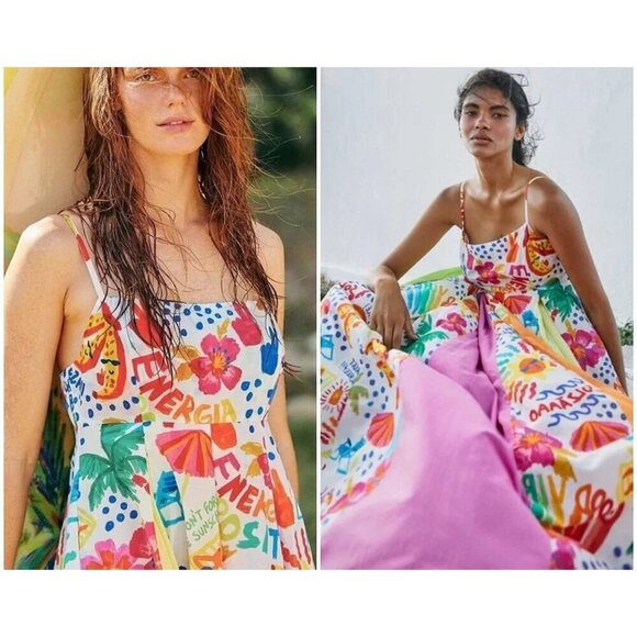 💕FARM RIO💕 White Good Vibes Maxi Dress Floral Tropical Print XS NWT - Picture 1 of 16